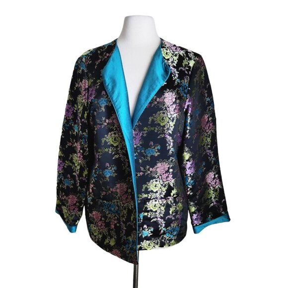 HARRIS WALLACE SILK Reversible‎ Jacket XL Chinese Asian Embroidery Qipao Black - Picture 1 of 16